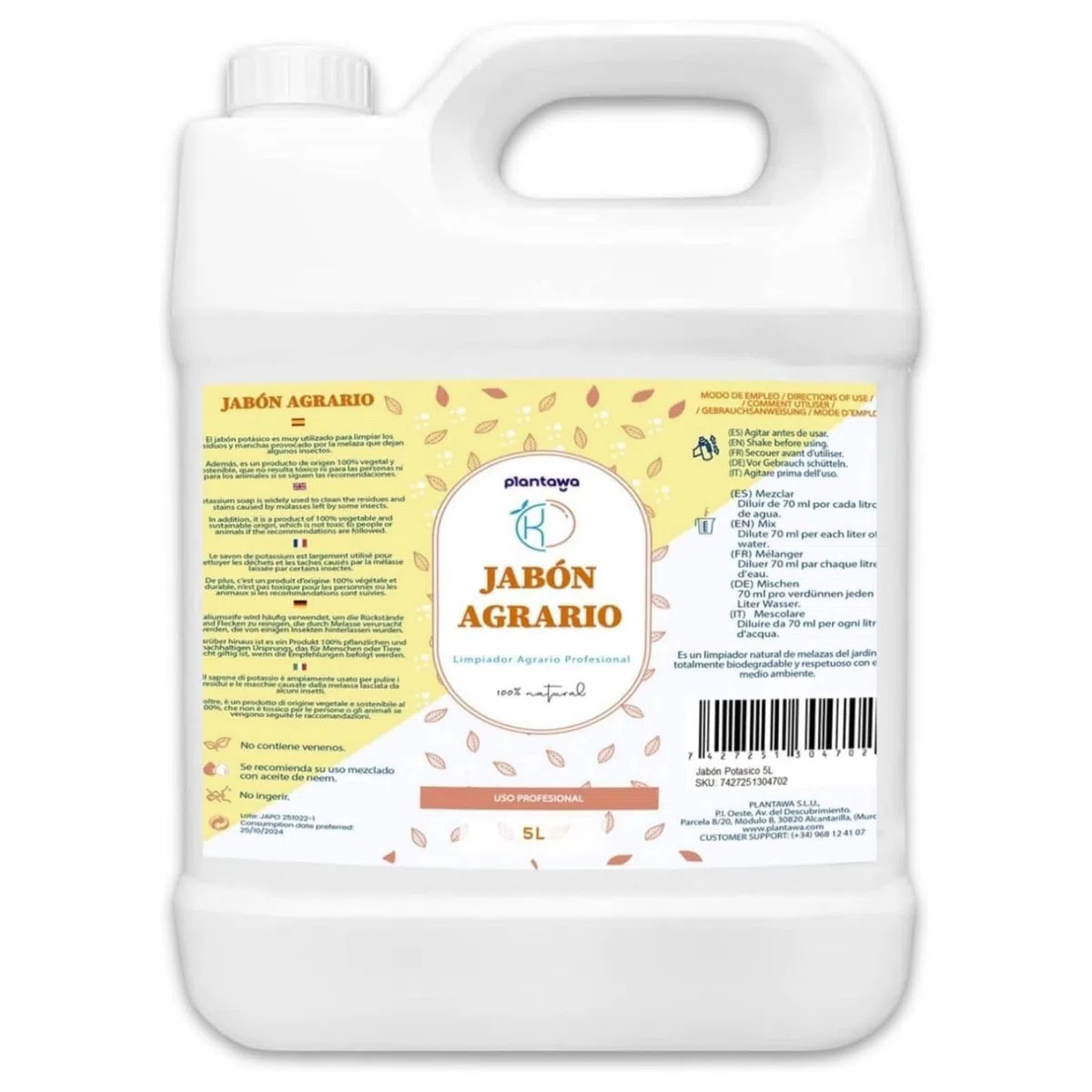 PLANTAWA Jabón Potásico 5L | Solución Multiusos | Formato Ahorro | Fácil Aplicación y Máxima Eficacia | Versátil | Producto de Origen Natural para Preparaciones Caseras