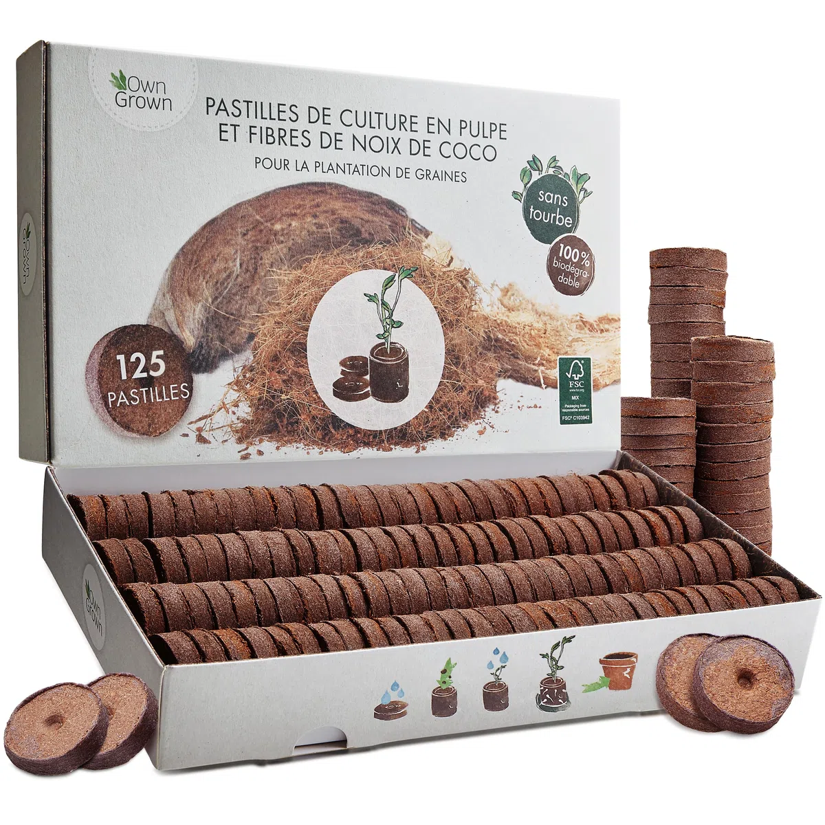 OwnGrown Gránulos de Abono para Semillas de Fibra de Coco, 125 Unidades - Tapones de Coco Fibra de 3,4 cm para un Fuerte de Raíces - Ideales para Germinación de Semillas y Plantación en Interiores