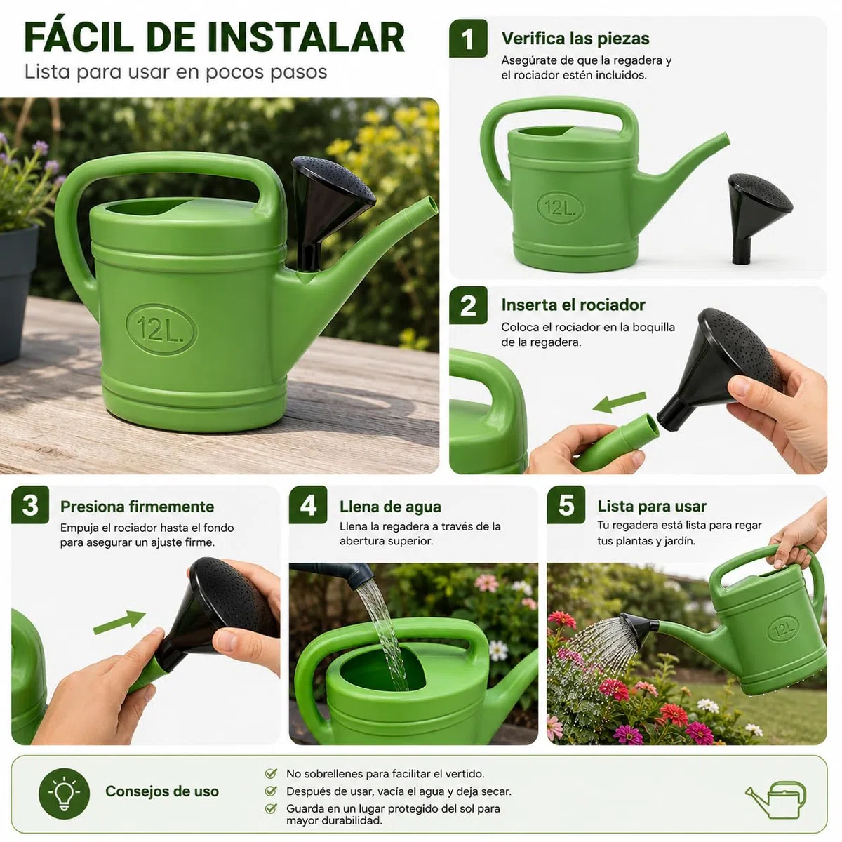 CABLEPELADO Regadera de Plástico 12 litros para Jardín y Huerto, Rociador Incluido, Asa Ergonómica, Pico Largo para Riego Preciso, Ligera y Resistente para Interior y Exterior