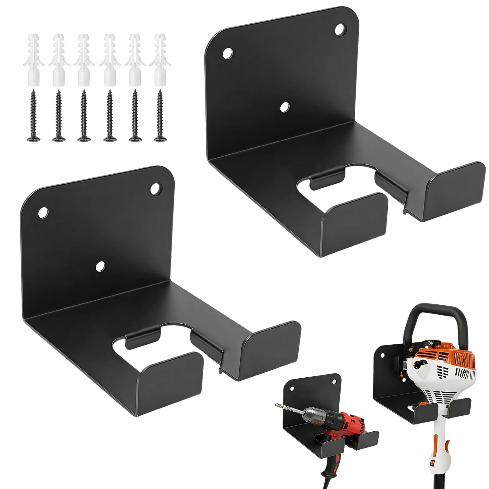 Soporte para Herramientas de Jardinería, Organizador de Pared con Ganchos, Porta Herramientas para Motosierras de Poda y Podadora Eléctrica, de Acero para Palas Escobas, Negro 2 Unidades