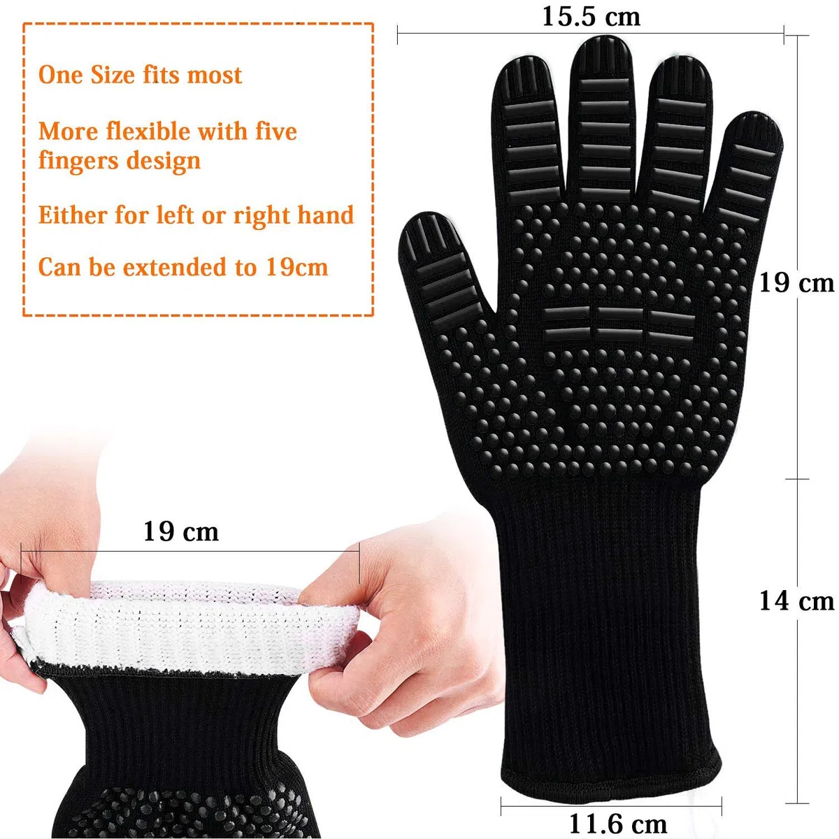 WIN.MAX Guantes para Barbacoa, Guantes de Horno para Barbacoa, Guantes de Cocina, Guantes Resistentes al Calor, Guantes de Chimenea hasta 800 °C, 1 par de Silicona Antideslizante (Igualdad Negra)