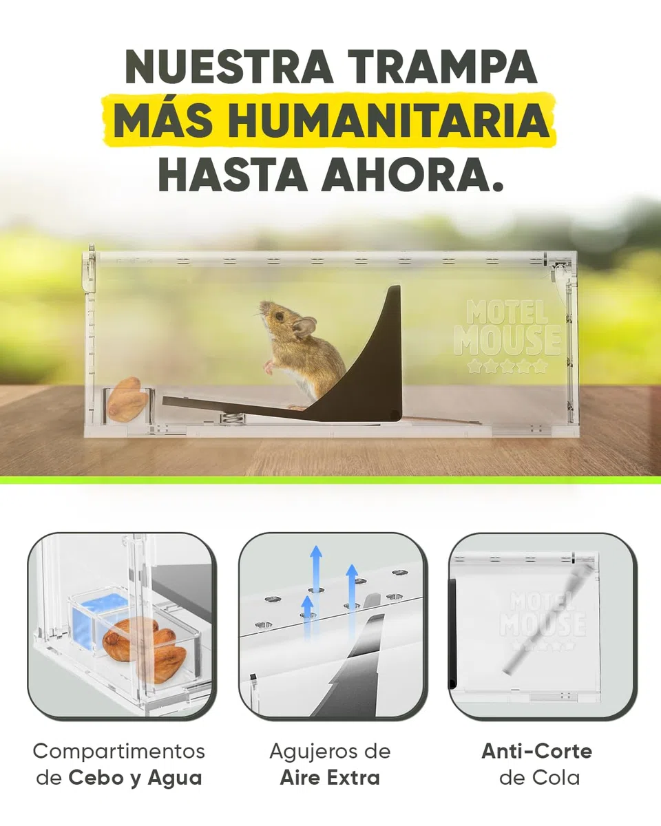 Motel Mouse Trampa Ratones y Ratas Vivos para Interiores y Exteriores - Fácil de Usar, Fácil de Limpiar, Reutilizable, Liberación sin Contacto - con Cepillo de Limpieza