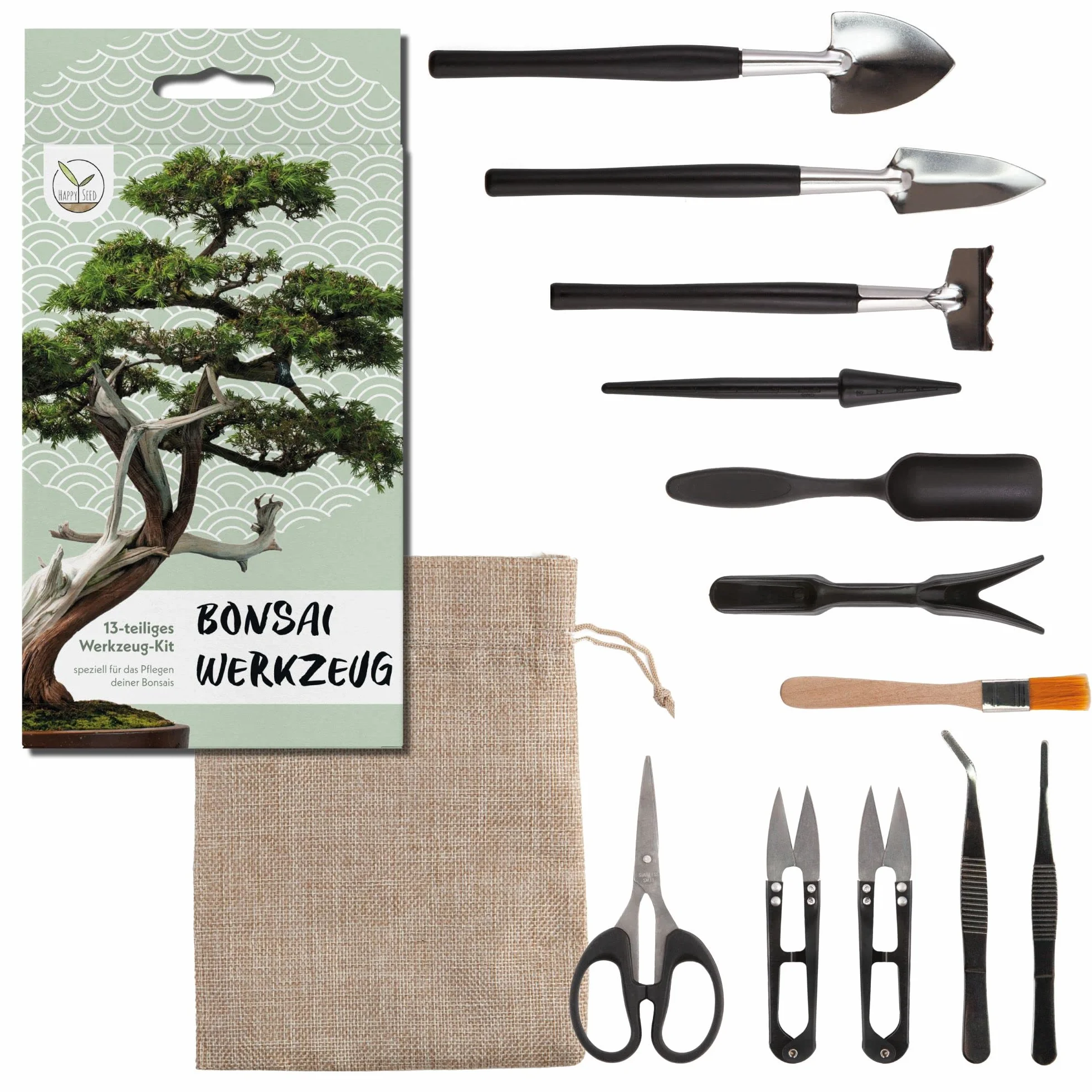 HappySeed Kit Bonsai Juego de Herramientas de 13 Piezas con práctica Bolsa - Mini Herramientas jardineria para Plantas de Interior y un Cultivo Profesional de bonsái