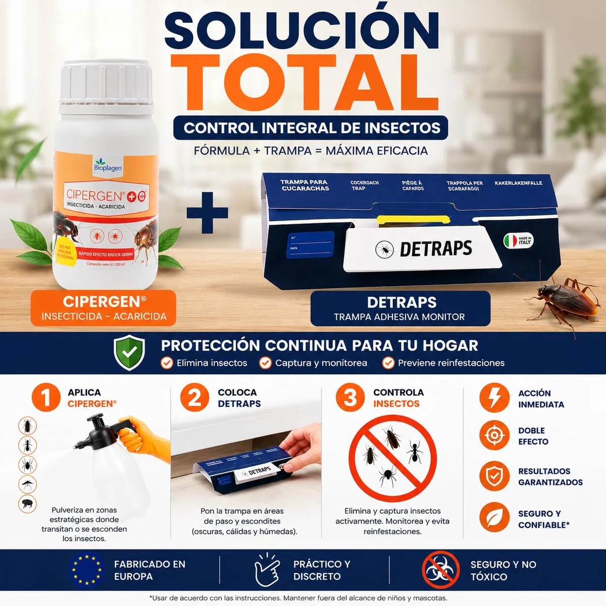 Insecticida Concentrado 250 ml + Trampas Adhesivas XL para Cucarachas e Insectos | Cipermetrina 9,3% | Acción Inmediata y Prolongada | Adhesivo Extra Fuerte | Control Integral Hogares y Exteriores