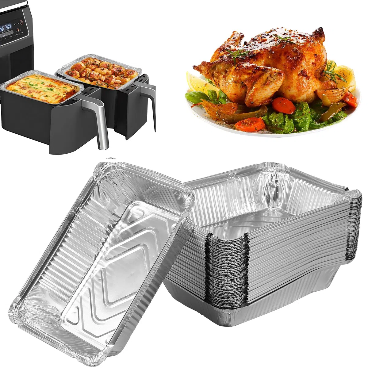 50 bandejas de aluminio pequeñas de 22 x 16 x 5 cm, bandeja desechable, 1100 ml, pequeñas bandejas de aluminio, resistentes al agua, para hornear, cocinar, freidoras de aire caliente, hornos