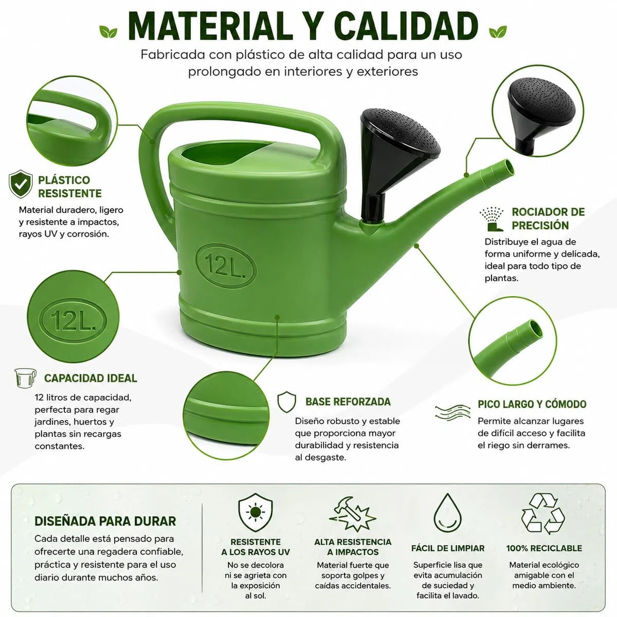 CABLEPELADO Regadera de Plástico 12 litros para Jardín y Huerto, Rociador Incluido, Asa Ergonómica, Pico Largo para Riego Preciso, Ligera y Resistente para Interior y Exterior