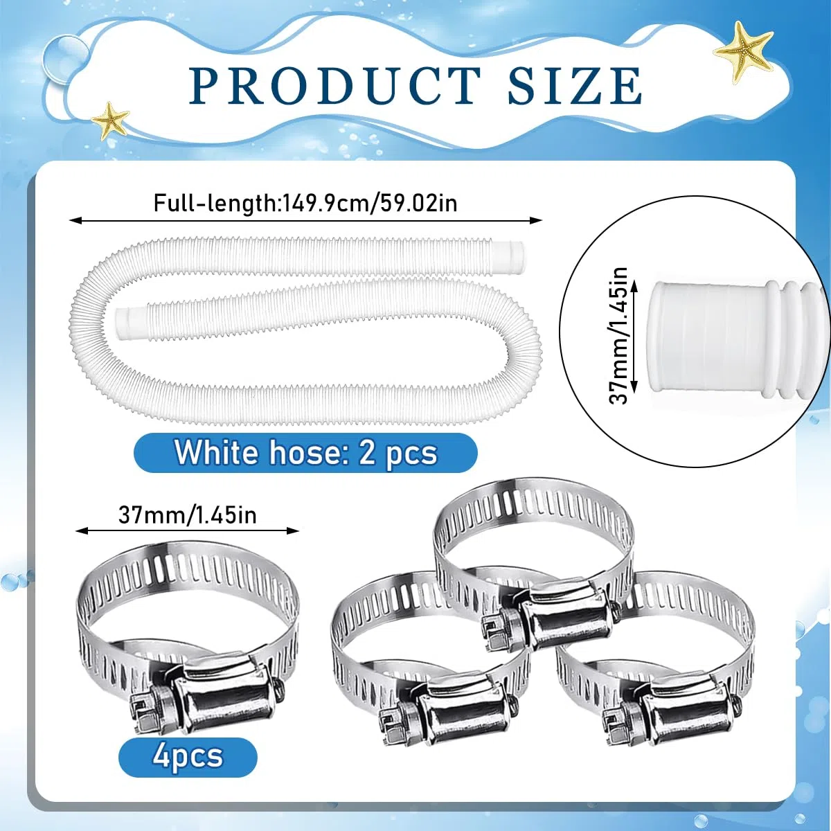 2 Piezas Manguera piscina 32mm,Manguera limpiafondos piscina Blanco,Manguera piscina,Tubo piscina con 4 abrazaderas metálicas,59x1.25 inch,Universal,Apto para todo tipo de bombas