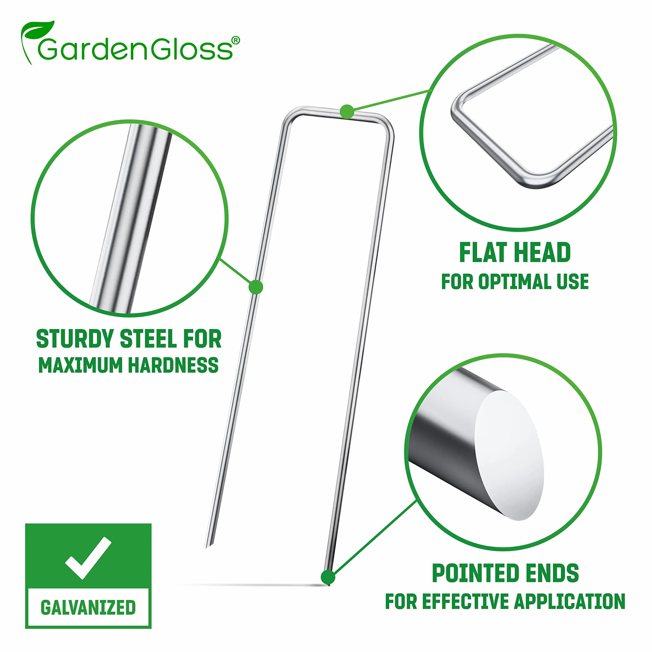 GardenGloss Anclajes De Tierra/Estacas Anti Óxido - 100 Unidades - Anclajes De Suelo Inoxidables Y Galvanizados para Fijación - 150mm25mmØ2.8mm - Clavos/Ganchos De Tierra De Acero