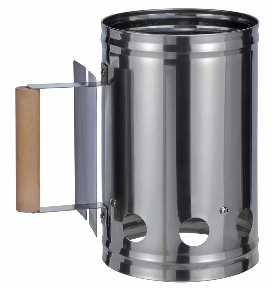 Bambelaa! - Encendedor de carbón para barbacoa con mango de madera, columna de combustión, encendedor para chimenea, color plata/negro, aprox. 17 x 27 x 27 cm, plata