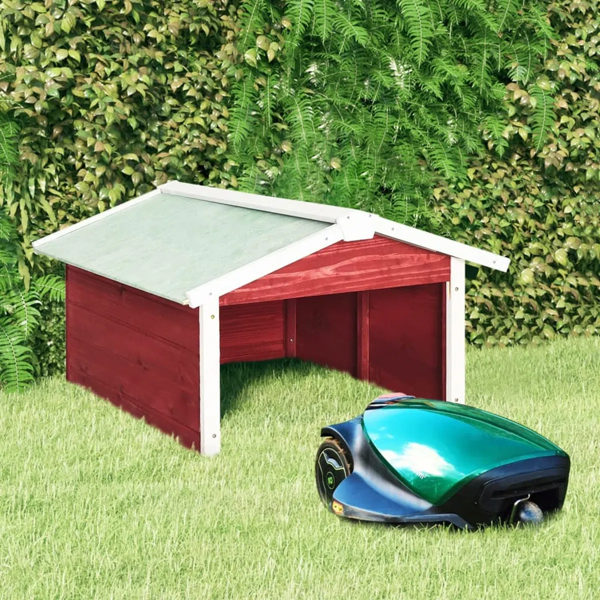 Caseta de cortacésped robótico Madera Abeto Rojo y Blanco Garaje Robot Cortacésped Caseta,trastero Roboticos de Jardín Exterior