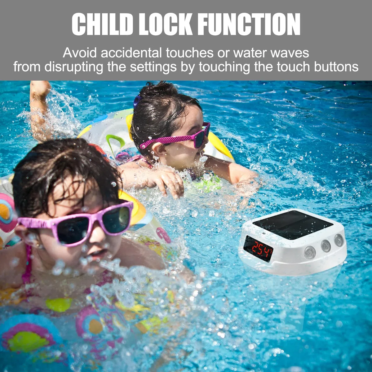 Homcocie Termómetro Piscina Solar con batería 2200 mAh y puerto tipo C, Termómetro Flotante a prueba agua IP68 con cuerda remolque, luz ambiental RGB, monitoreo preciso de temperatura agua