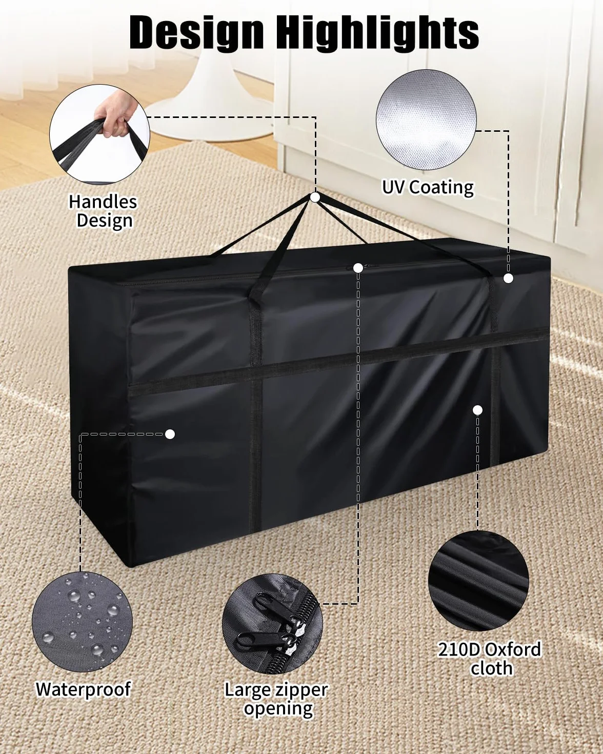Funda Cojín para Muebles, Paquete de 2 estuche de Almacenamiento para Exteriores gran tamaño, Jardin Bolsa Impermeable con Asas para Muebles Ropa, Mantas(122x39x55cm,Negro)