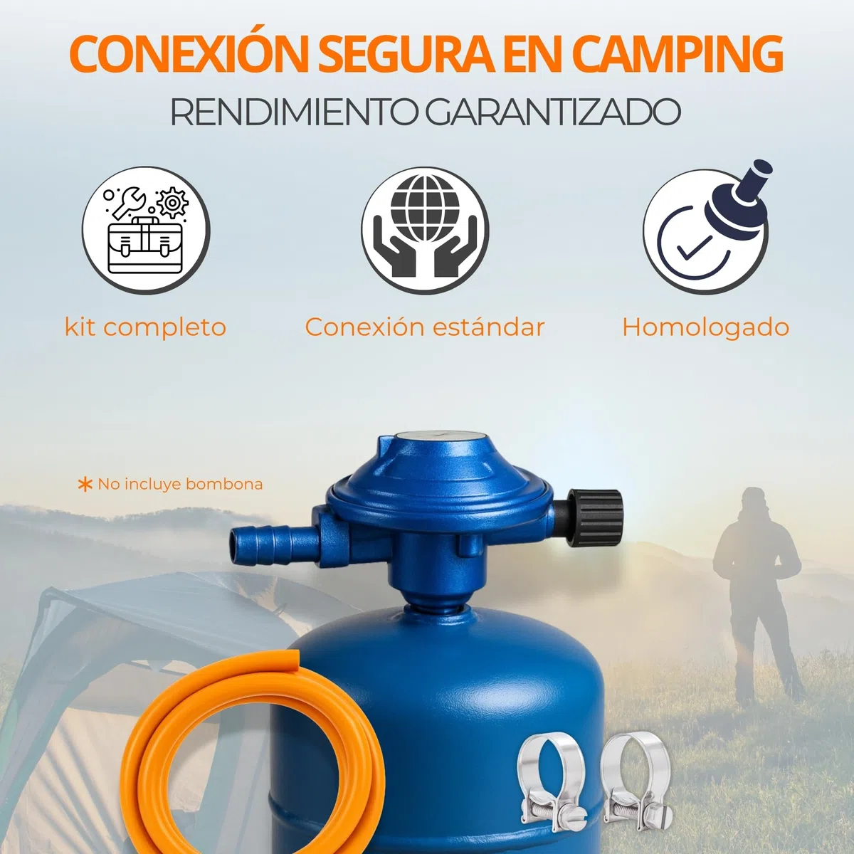 TECHZOCO Kit Completo butano para bombona de butano de Camping + Tubo Goma 1,5 Metros + 2 Abrazaderas Seguridad, Homologado,Apto para aparatos de Gas para Camping, barbacoas y Calentadores