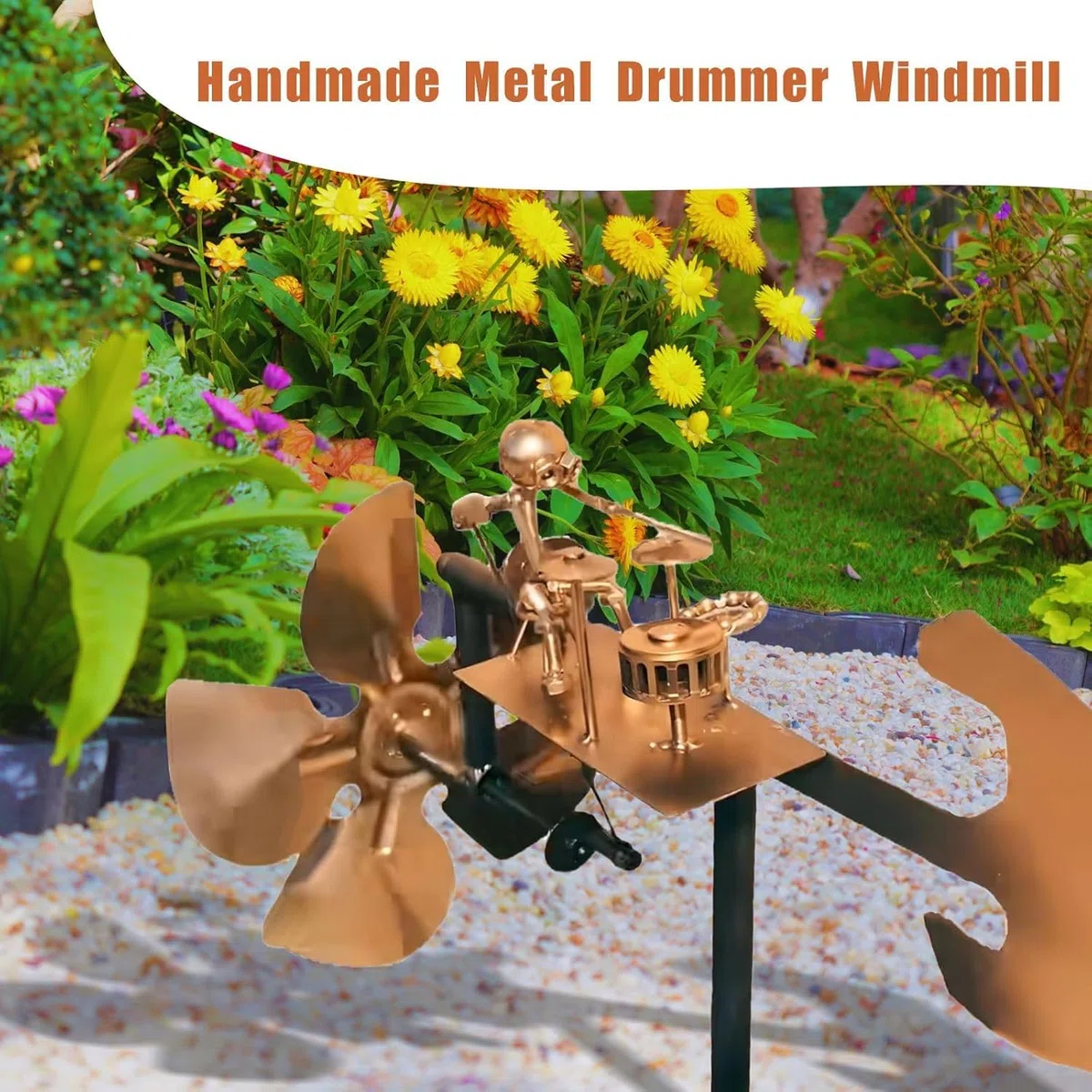 Molino de viento de metal hecho a mano, decoración de jardín, escultura cinética alimentada por el viento, para decoración de patio, césped, jardín, patio, regalos para amigos (dorado)