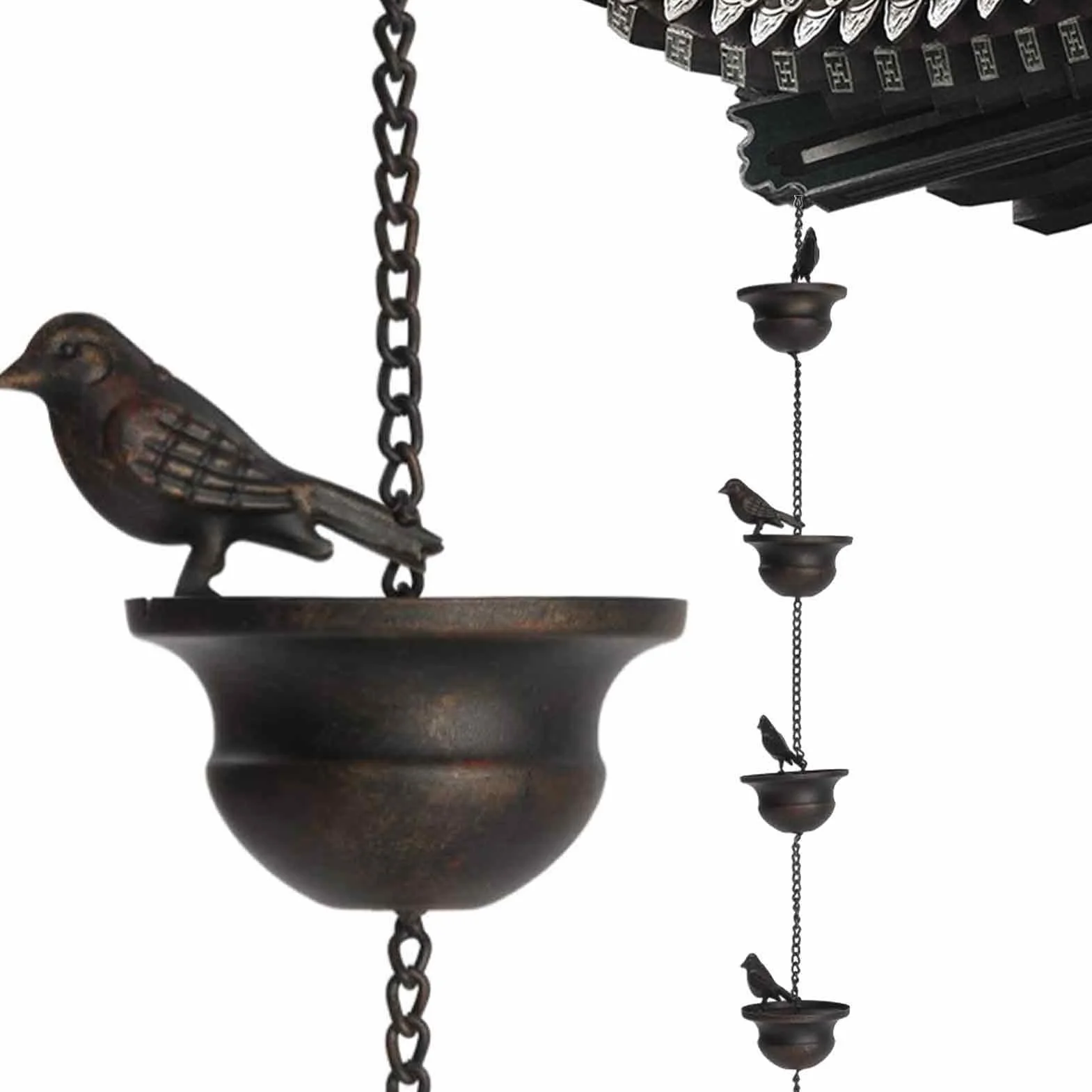 Cadenas De Lluvia para Canalones: Cadena De Lluvia Móvil para Pájaros De 2,4 M, Campanas De Lluvia para Bajante De Canalones, Bajante De Cadena para Canalones