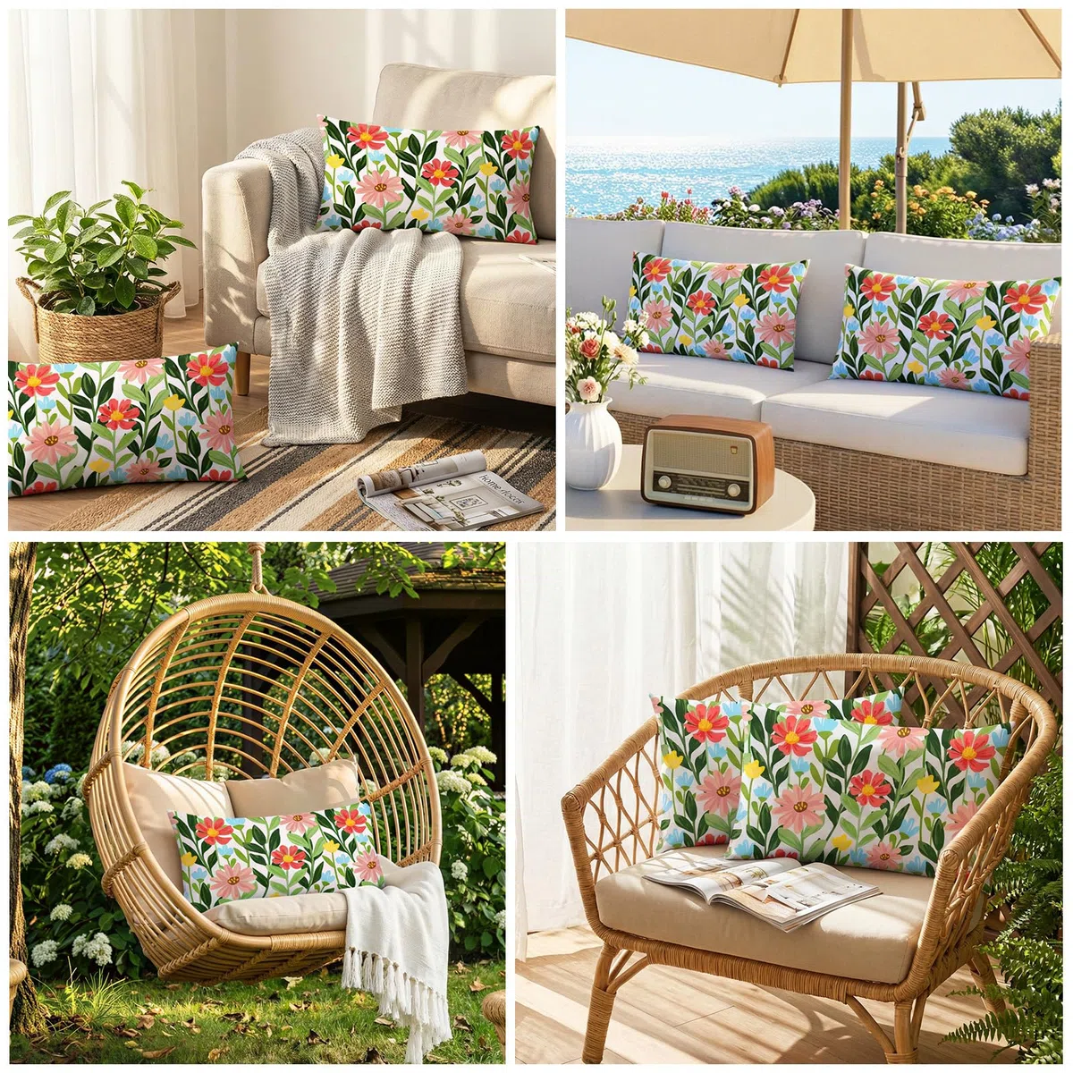 Lewondr Fundas de Cojín al Aire Libre, 2 Piezas Fundas para Almohada Impermeables Florales de Primavera-Verano, Fundas de Cojín Decorativas Rectangulares Exteriores para Jardín, 30x50cm