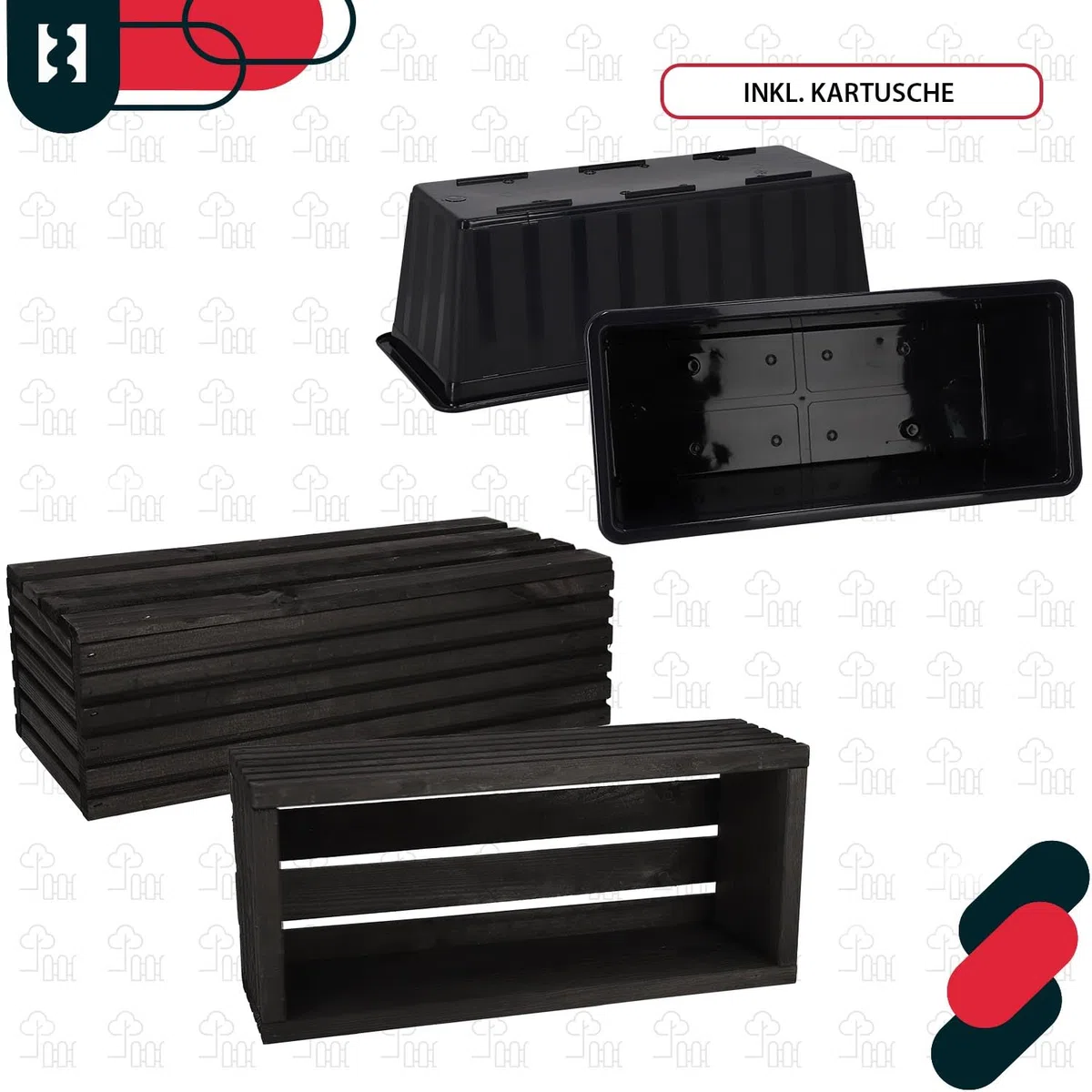 KOTARBAU Jardinera de madera de 44 x 20 cm con maceta interior para balcón, color negro, maceta para balcón, maceta, macetero, macetero, jardinera, exterior, balcón, jardín, terrazas, caja con inserto