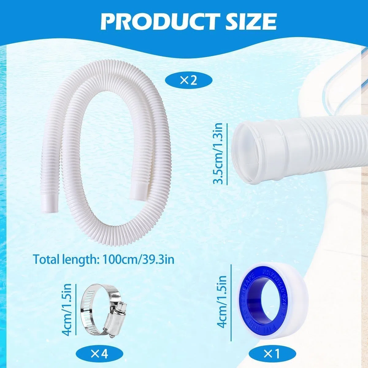 MplehDa Manguera de Piscina de 32 mm, 2 Mangueras de Repuesto, 100 m, Blanco, Manguera Flexible para Bomba de Piscina, Manguera con 4 Clips de Seguridad
