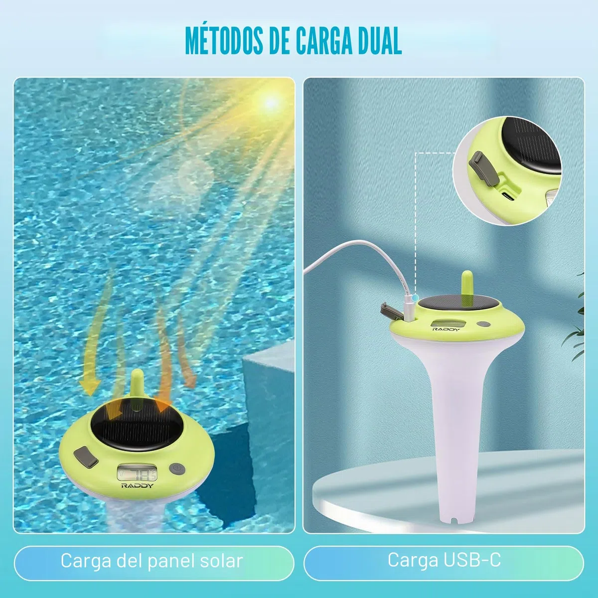 Termómetro flotante para piscina Raddy PT-5, energizado por sol y batería, IPX8, resistente al agua, fácil de leer, digital para piscina, jacuzzi, tubos fríos, estanques