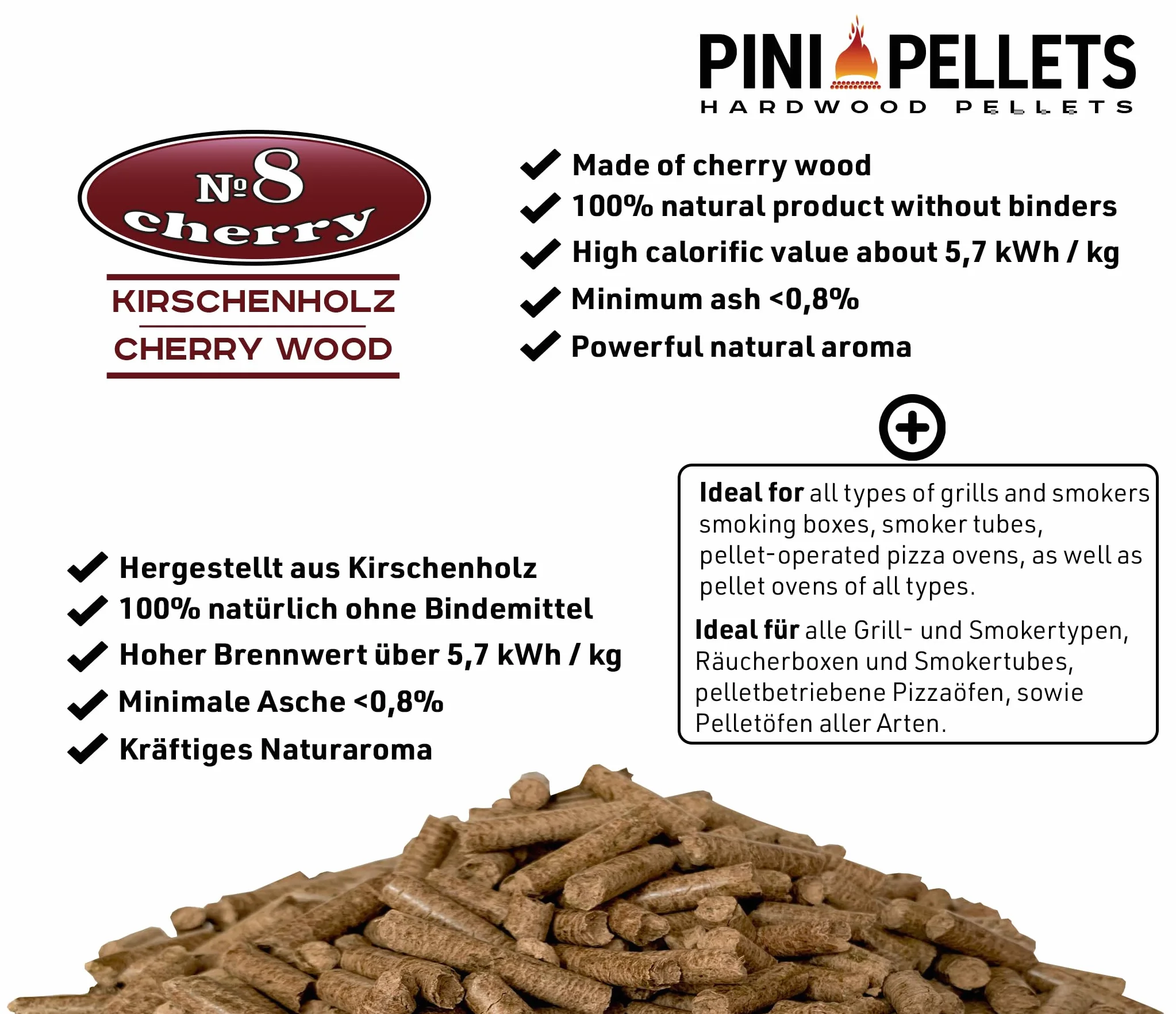 PINI Pellets № 8 Cereza 1,5 kg BBQ Pellets de madera dura para asar ahumar