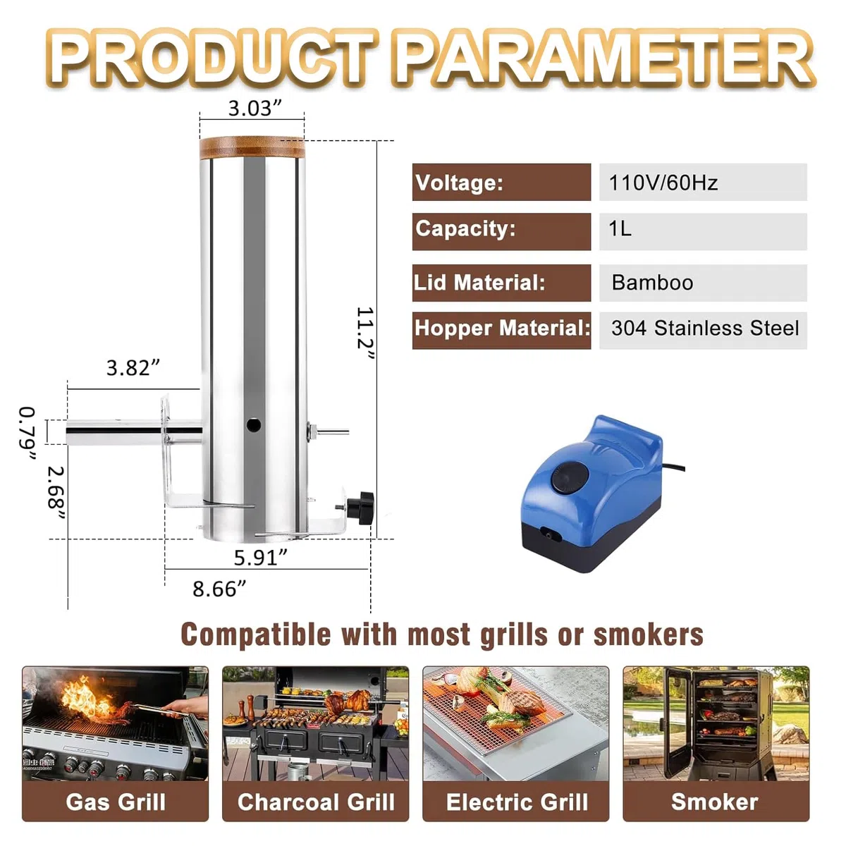 Generador De Humo, Ahumador Eléctrico Portátil De Acero Inoxidable Con Capacidad De 1 Litro, Tapa Y Bomba De Aire,en Caliente Y Frío, Tubo De Pellets De Acero Inoxidable, Para Ahumar Carnes Y Verduras