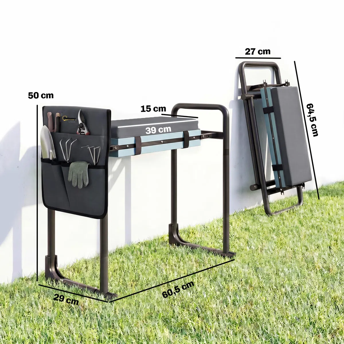 Outsunny Taburete de Jardín Plegable con Almohadilla de Espuma EVA, Asiento de Jardín Portátil con Bolsa para Herramientas, Patas Extensibles, Carga 150kg, Regalo para Jardineros Ancianos, Gris Oscuro