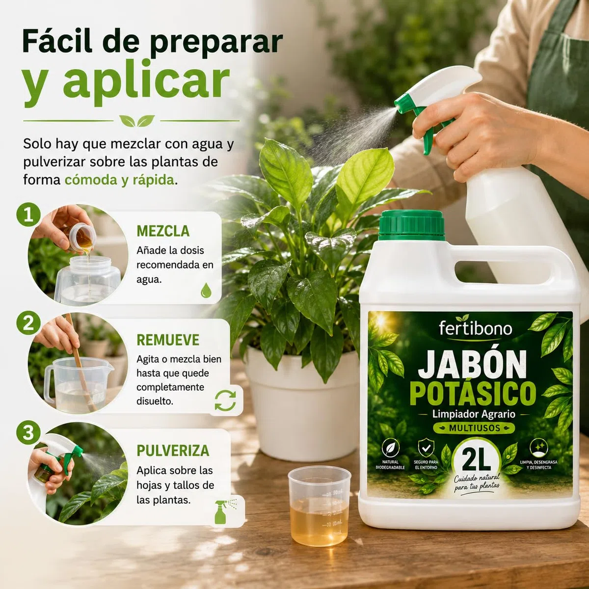 Jabón Potásico Concentrado 2L FERTIBONO para Plantas, Huerto y Jardín | Fórmula Líquida para Diluir y Pulverizar | Uso en Interior y Exterior