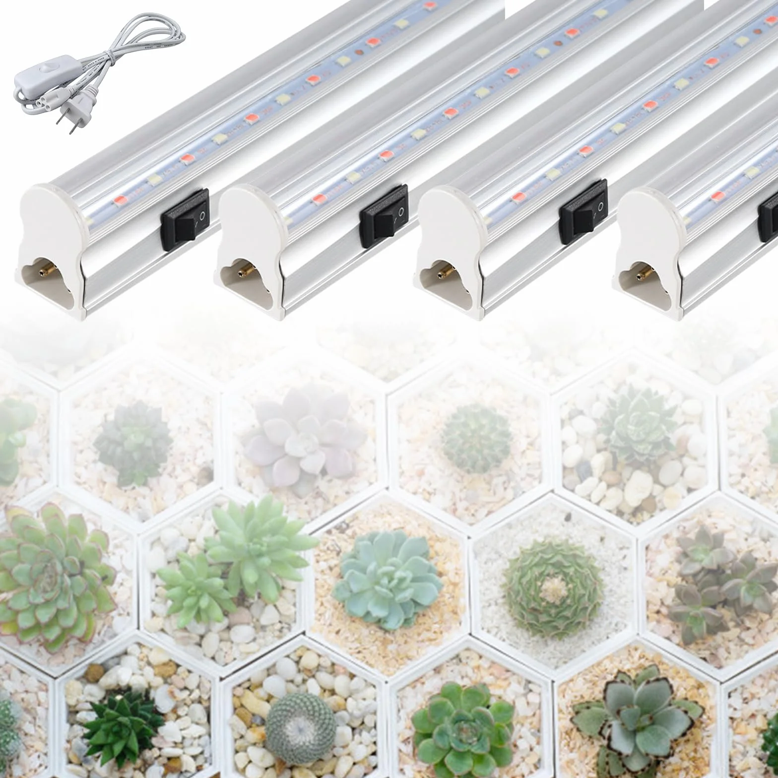 Juego de 4 lámparas LED T5 para plantas, espectro completo para plantas de interior, 30 cm, barra de crecimiento con luz solar de espectro completo, cadena de margarita para invernadero