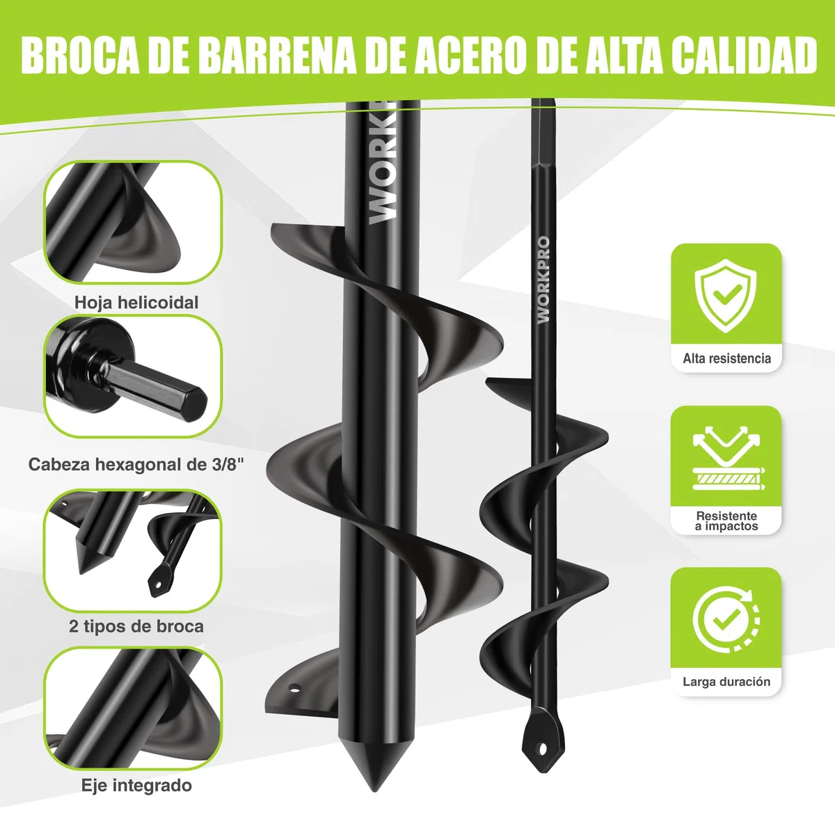 WORKPRO 2-Piezas Broca Espiral de Jardín para Taladro, Excavadora de Suelo tipo Barrena, Ideal para Plantar, 8 x 30 cm & 4 x 22 cm