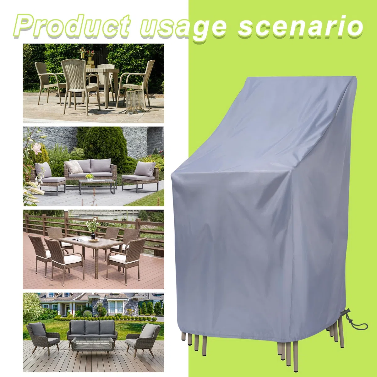2 Piezas Funda para Sillas Apiladas de Jardin Impermeable Fundas Sillas Terraza Exterior con Cordón,210D Oxford Protectora Sillas para Patio Terraza,64x64x120/70CM (Gris)