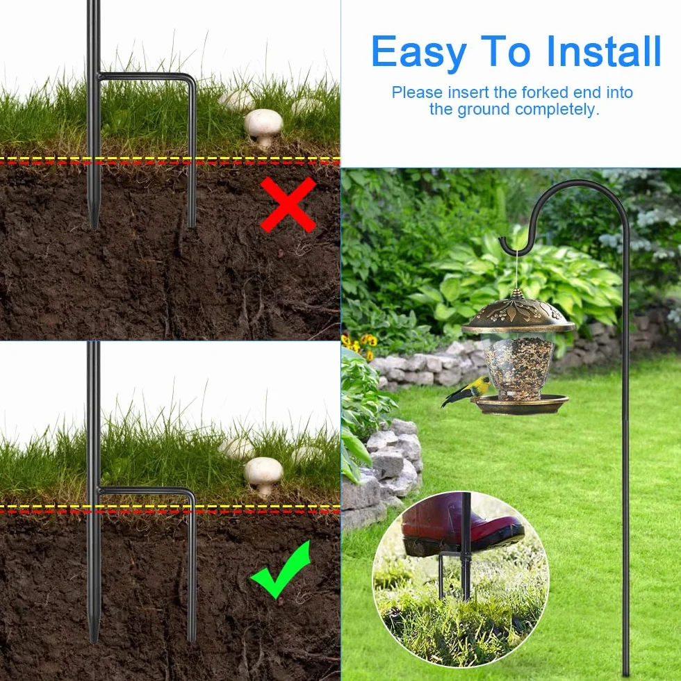 2 Piezas Gancho de Pastor de 100 cm / 39 Pulgada de Metal para Jardín Estaca para Jaulas de Pájaros, Luces Solares, Linternas, Bodas, Cestas de Plantas - Negro
