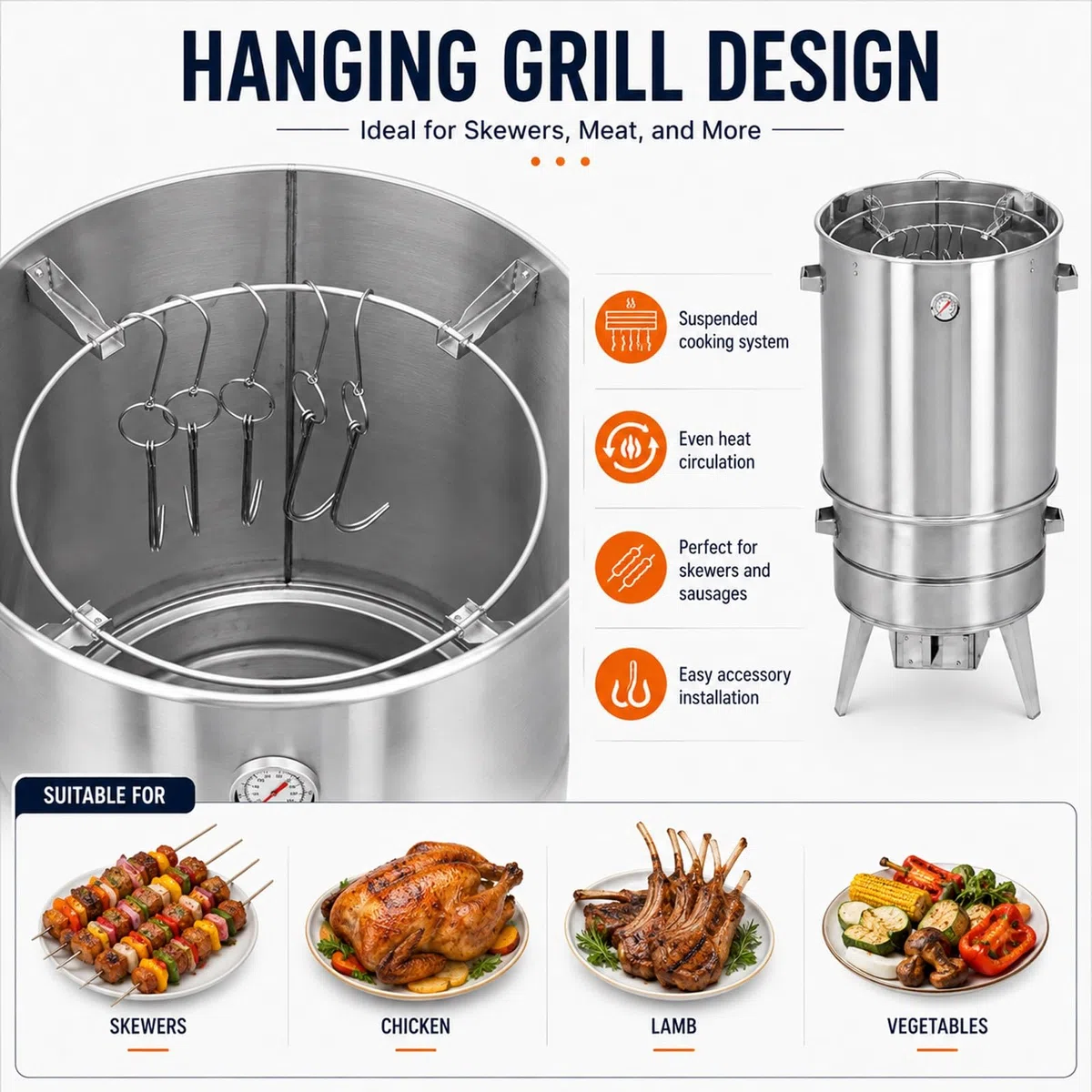 Horno Vertical Ahumador Acero Inoxidable 50cm Diámetro 85cm Altura Barbacoa Carbón con Termómetro y Accesorios para Camping Patio