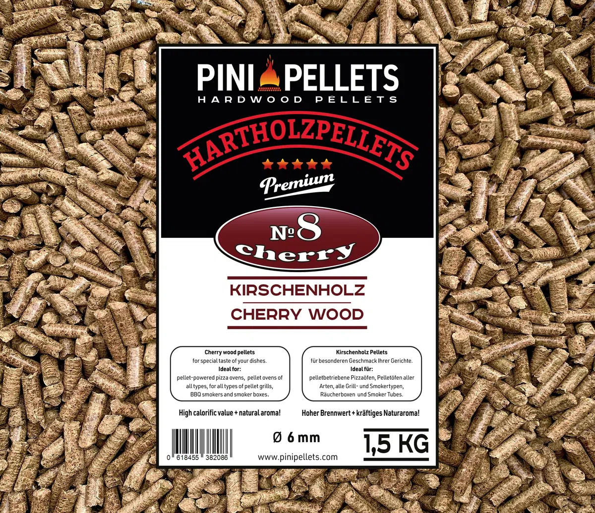 PINI Pellets № 8 Cereza 1,5 kg BBQ Pellets de madera dura para asar ahumar