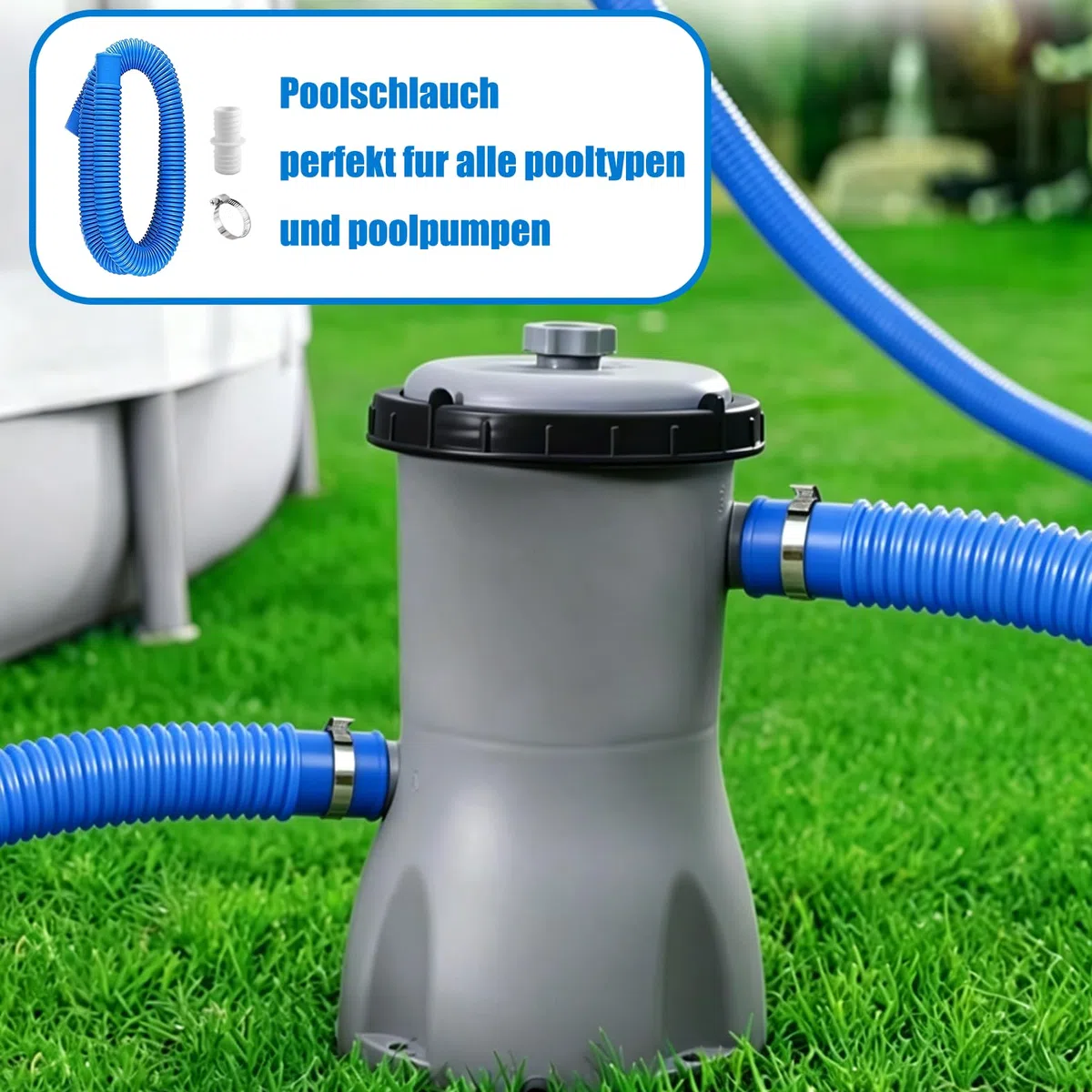 2 mangueras de piscina de 32 mm (azules) para bombas – incluye 4 clips de seguridad y 1 conector – ideal para bombas de filtro, limpiadores y calentadores de piscina