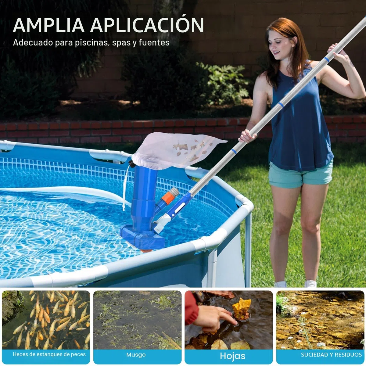 Aspiradoras de Mano, Aspirador de Piscina para Piscinas con 4 Postes de Aluminio Extraíbles, Kit de Mantenimiento de Piscinas con Aspirador para Piscinas, Fuente, Hidromasaje, Estanques