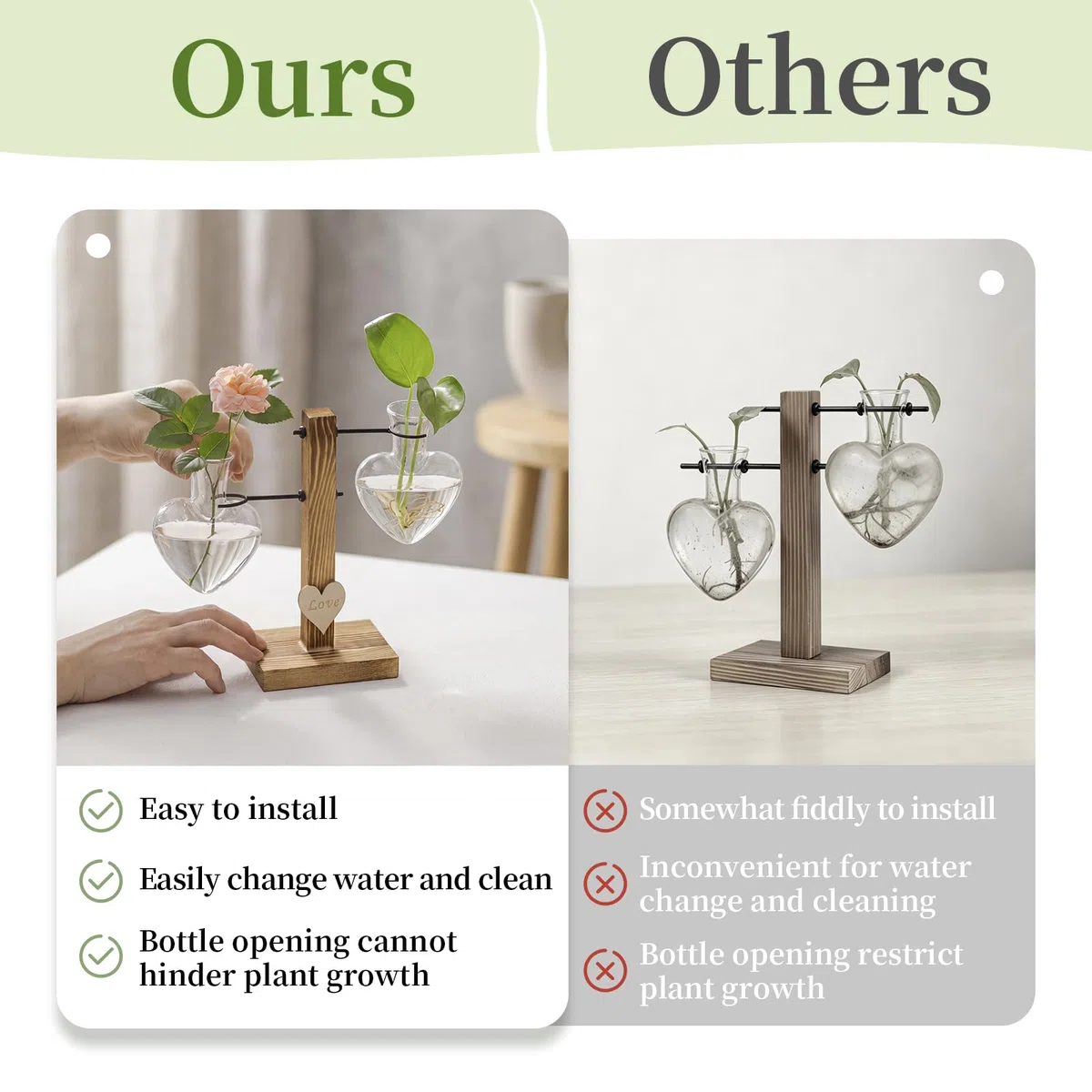 Terrario De Vidrio para Plantas con Soporte De Madera, Jarrones Hidropónicos De Vidrio De Doble Corazón Creativo, Estación De Propagación para Plantas Modernas