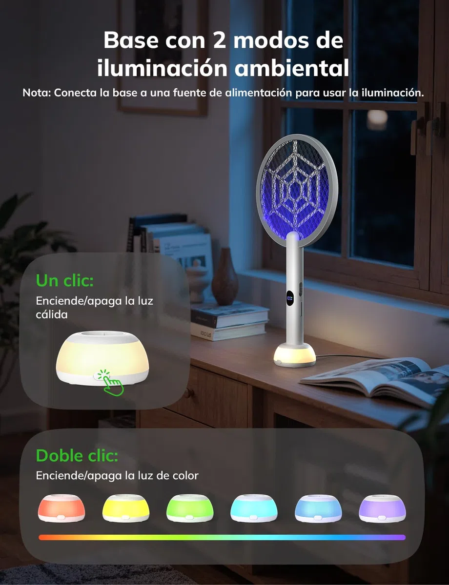 YISSVIC Raqueta Mosquitos Electrica Mata Mosquitos Electrico 3 en 1 con Base de Luz 4000V 1800mAh Recargable USB-C Matamoscas Electrico de Luz UV- Blanco