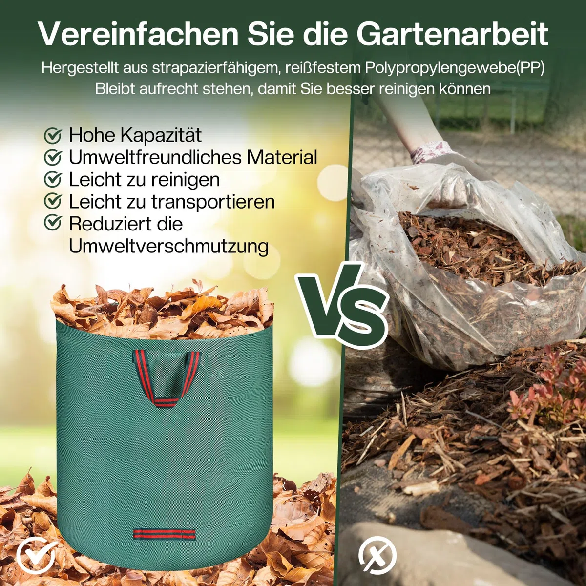 Zanfqvo Jardineria de Sacos, 2 x 500L Jardim Sacos, Grandes Big Bag de Basura con Asas, Resistente al Agua y a Los Rayos UV, Plegables y Reutilizables