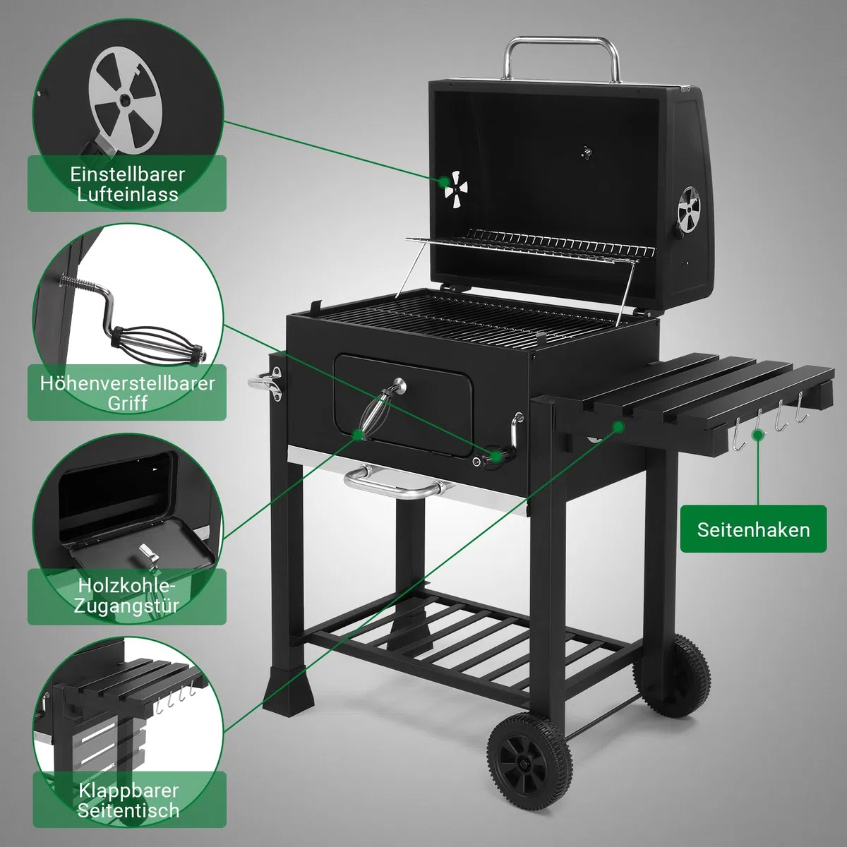 LEADZM Barbacoa de carbón con diseño de doble cámara, carrito de barbacoa portátil de primera calidad, ahumador de metal para jardín y terraza, con mesa auxiliar, parrilla grande y regulador de