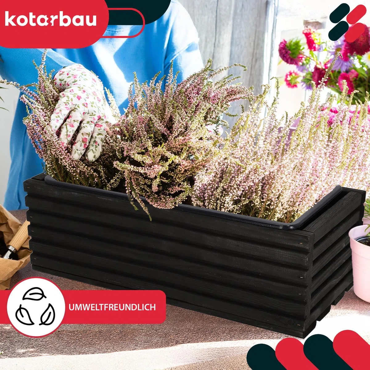 KOTARBAU Jardinera de madera de 44 x 20 cm con maceta interior para balcón, color negro, maceta para balcón, maceta, macetero, macetero, jardinera, exterior, balcón, jardín, terrazas, caja con inserto