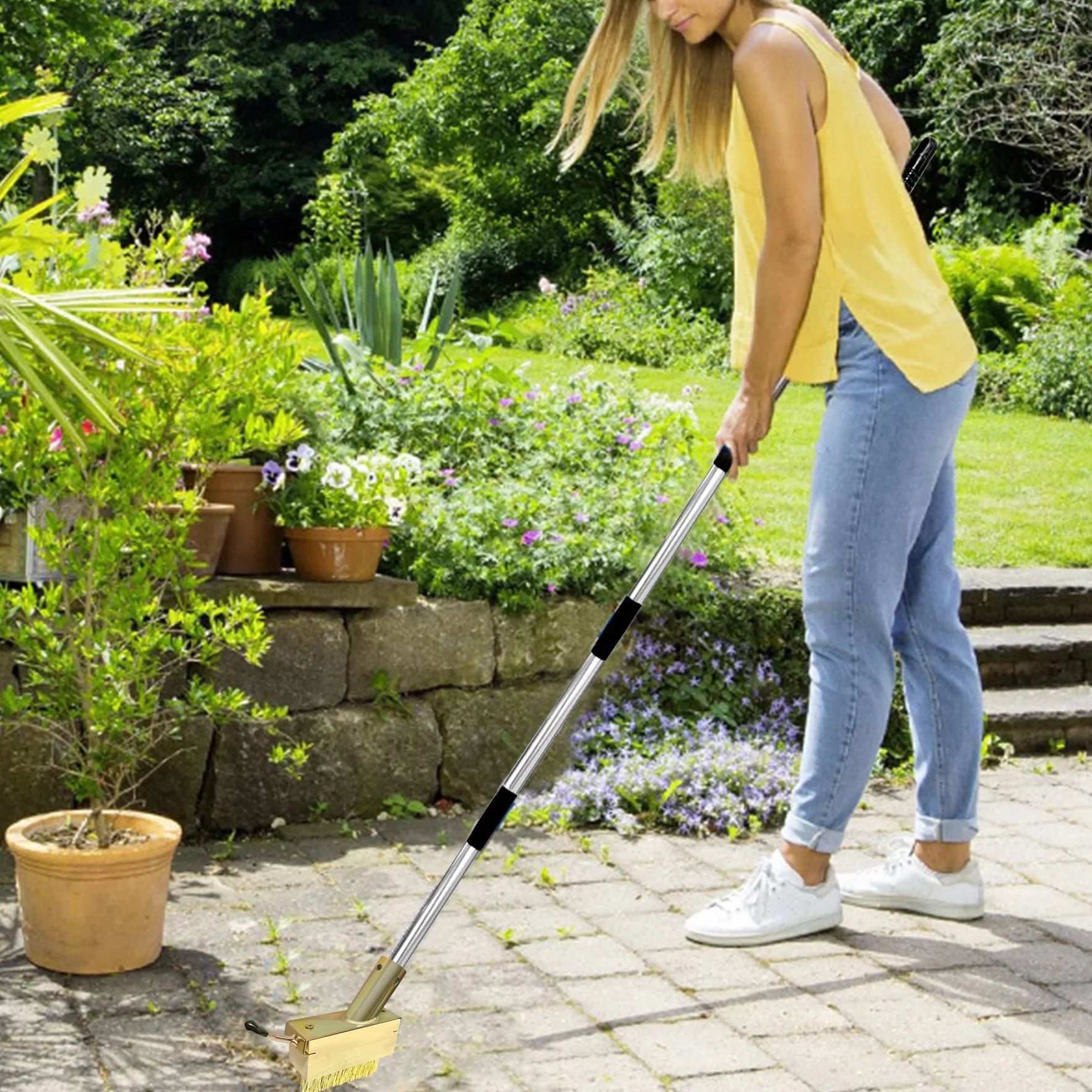TZEKING Escoba de Alambre de Acero,2 Piezas Escoba de Alambre con Mango Telescópico,Escoba de Alambre con Mango Largo,Cepillo de Alambre para Escoba,Escoba metálica de Jardin,para Eliminar de Musgo