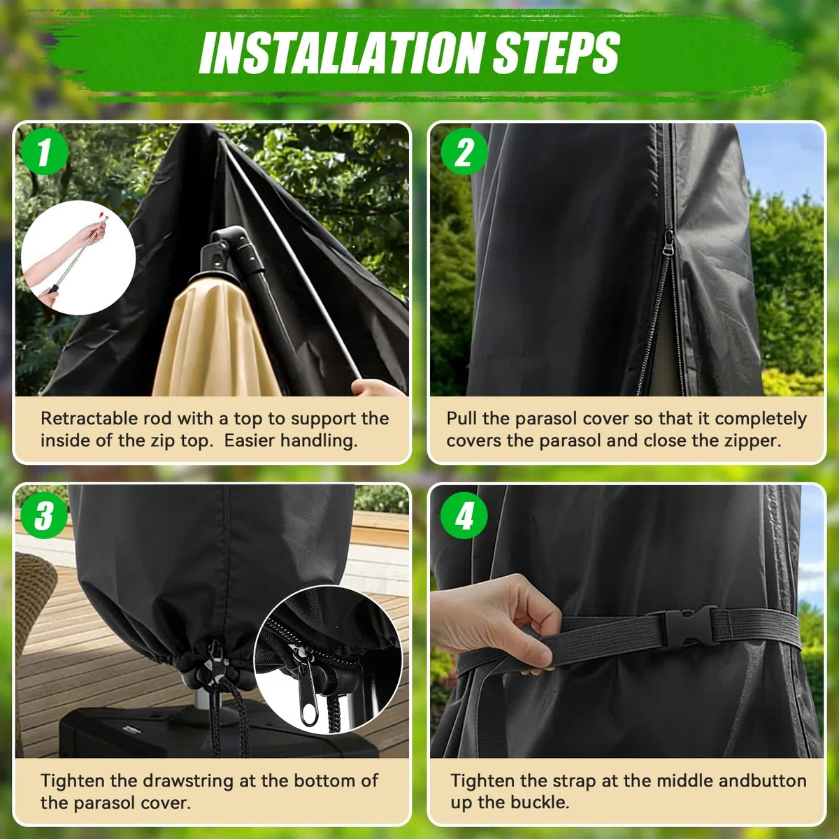 Funda Sombrilla, Funda Protectora para Parasol con Pértiga Telescópica, Funda de Tela Oxford 420D, Impermeable y Protección UV, para Parasoles de Exteriores, Terraza y Jardín, 265 x 40/70/50 cm