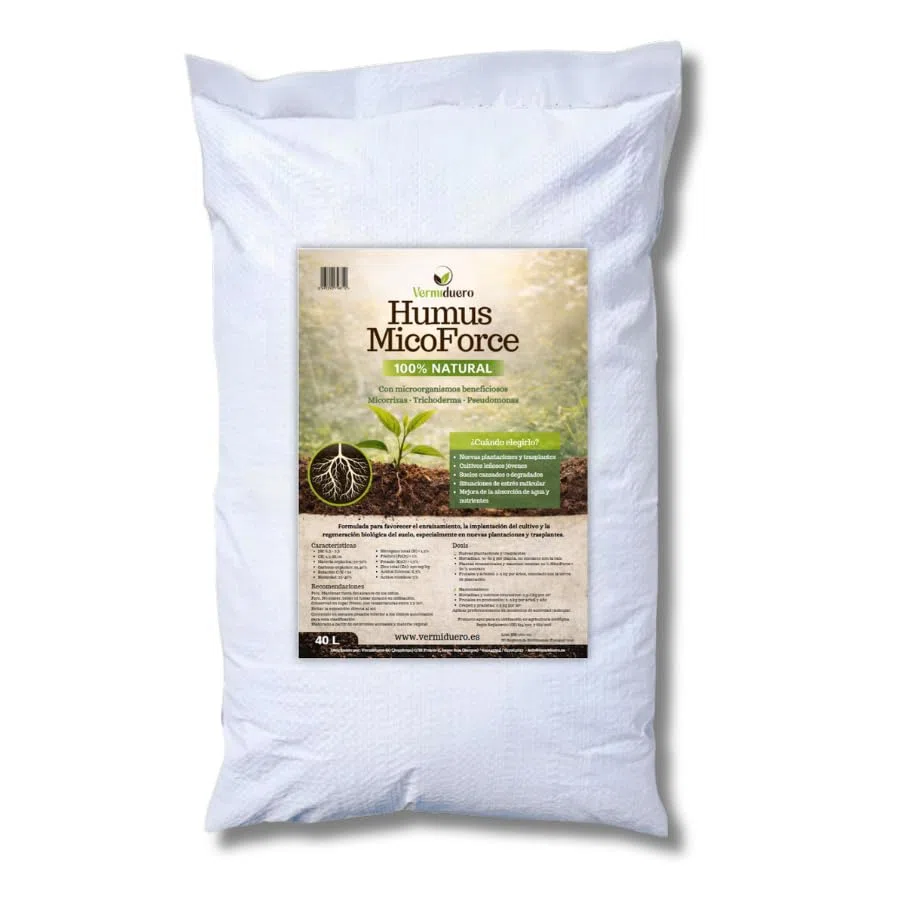 Humus de lombriz MicoForce 40L. Enriquecido con microorganismos beneficiosos. Estimula el desarrollo radicular y protege el cultivo. Abono natural y ecológico para tus plantas