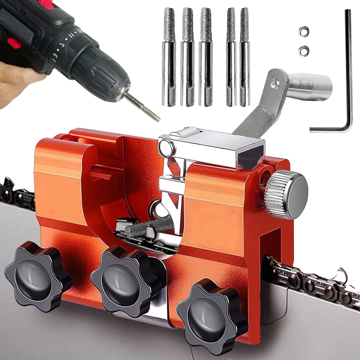 Afilador Cadena Motosierra Portátil,Afilador Motosierra Cadena,Kit de Afilado de Motosierra con 5 carbonatos de tungsteno,Sierra de cadena de 4 a 22 pulgadas (naranja)