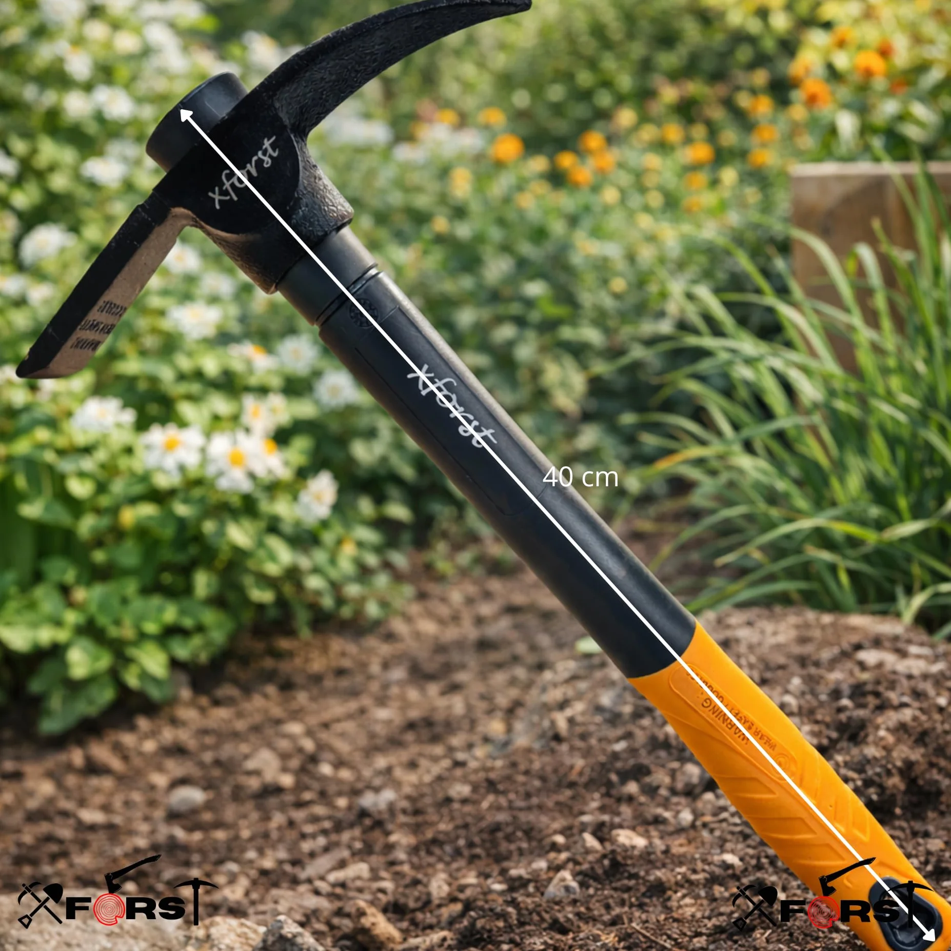 Xforst X-PF6 Alcotana Mini Piqueta – Azuela Pequeña con Mango de Fibra de Vidrio y Cabezal de Acero – Azada de Jardín con Pico para Plantas, Macizos y Camping, 40 cm