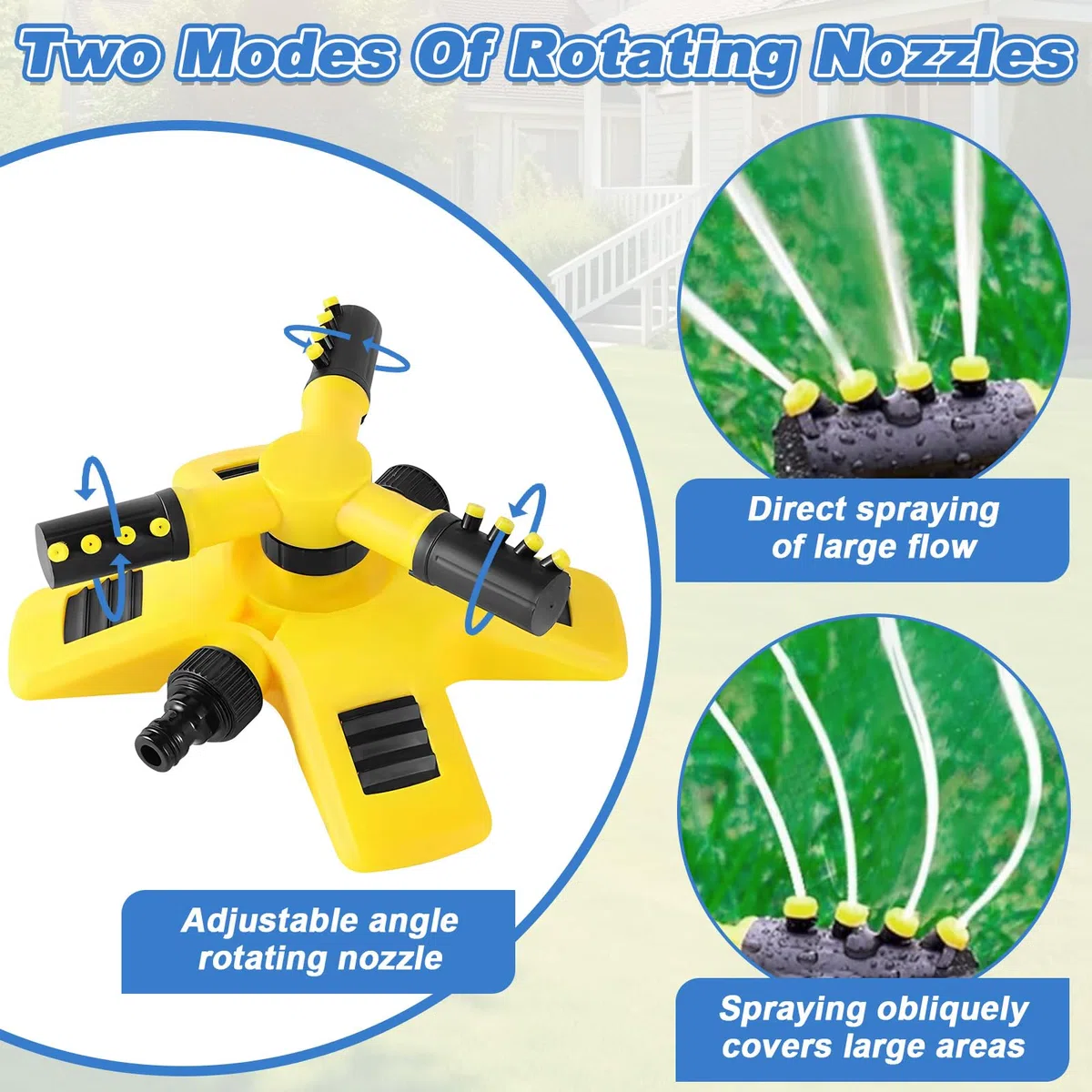 Aspersor Jardín Rotante Ajustable 360º, 3 Brazos Aspersores de Riego Césped Automático Pulverización Efficiente, Equipos Agua Irrigador Rotación Multiusos para Exteriores Plantas, Flores, Verduras