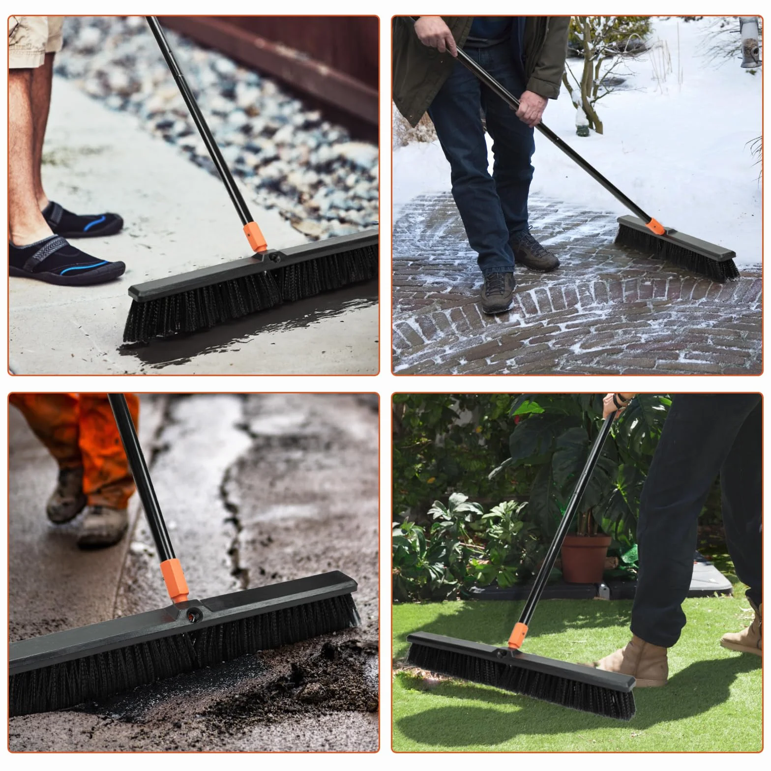 TreeLen Escoba de empuje de 24 pulgadas para exteriores, cepillo de limpieza de suelos resistente con mango largo, cerdas rígidas, para patio, garaje, cubierta, entrada, limpieza de suelos de concreto