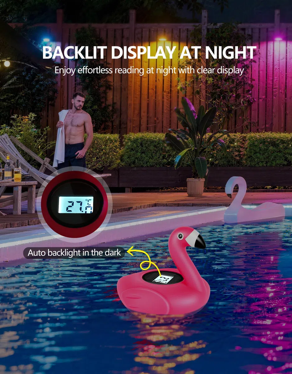 LanBlu Termómetro Piscina Flotante, Flamingo Termómetros Piscinas Digital, Termómetro de Piscina Solar con Luz de Fondo para Fácil de leer por la noche, Termómetros Digital para Piscinas Estanque Spa