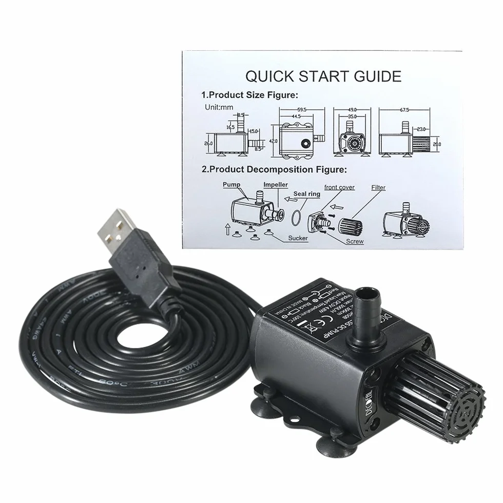 Decdeal USB DC5V 4.8W 300L/H Elevación 300cm Mini Bomba de Agua Ultrasilencioso, Sin Cepillo, Impermeable, Sumergible, para Circulación de Fuente Acuario