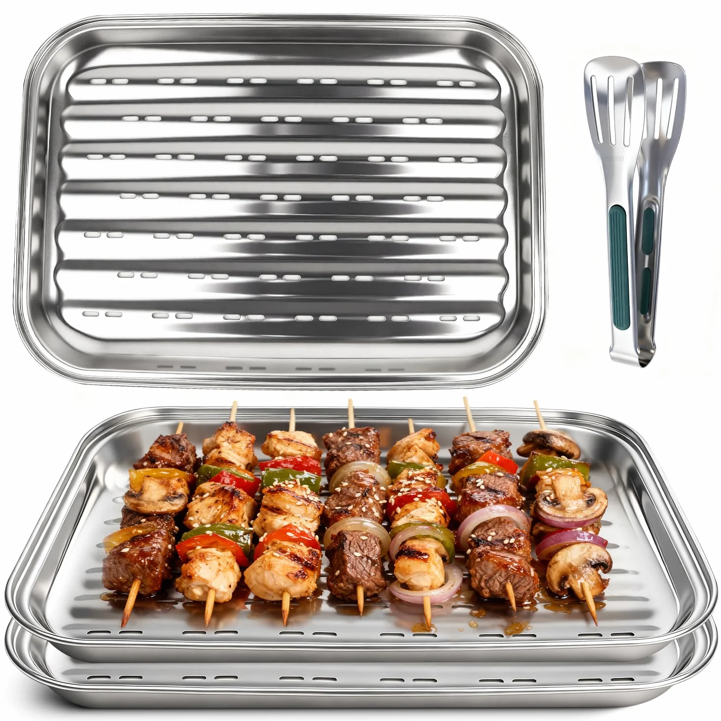 Bandejas para Barbacoa con Pinza 34,9x24,5x2,7 Juego de 3 Pcs Bandeja Barbacoa con Agujeros Reutilizable Bandejas Acero Inoxidable Plata Bandeja para Parrilla para Asar Verduras Carne y Pescado